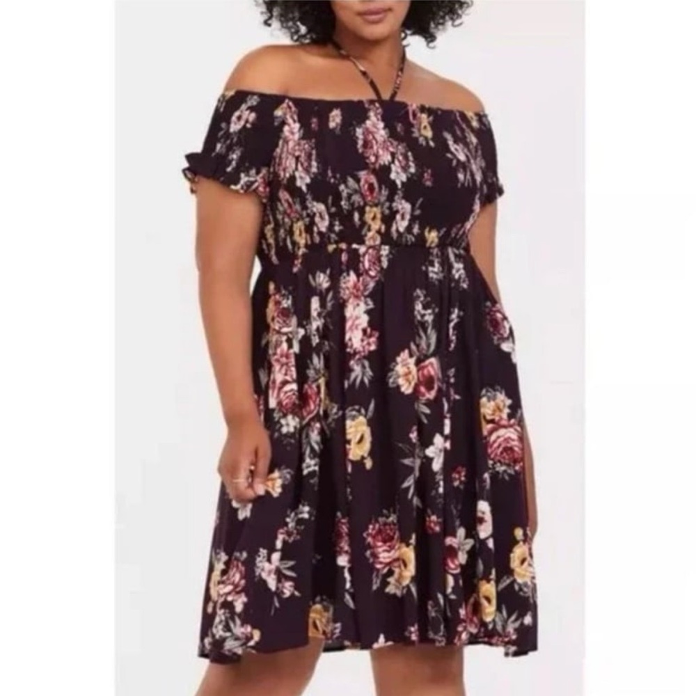 Torrid size 4 purple burgundy women's off the shoulder smocked dress NWOT